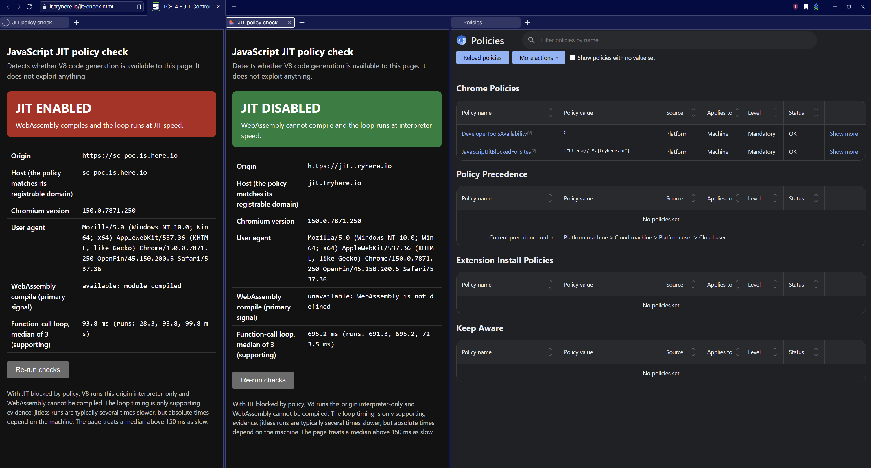 JIT enabled and disabled comparison alongside browser policy settings