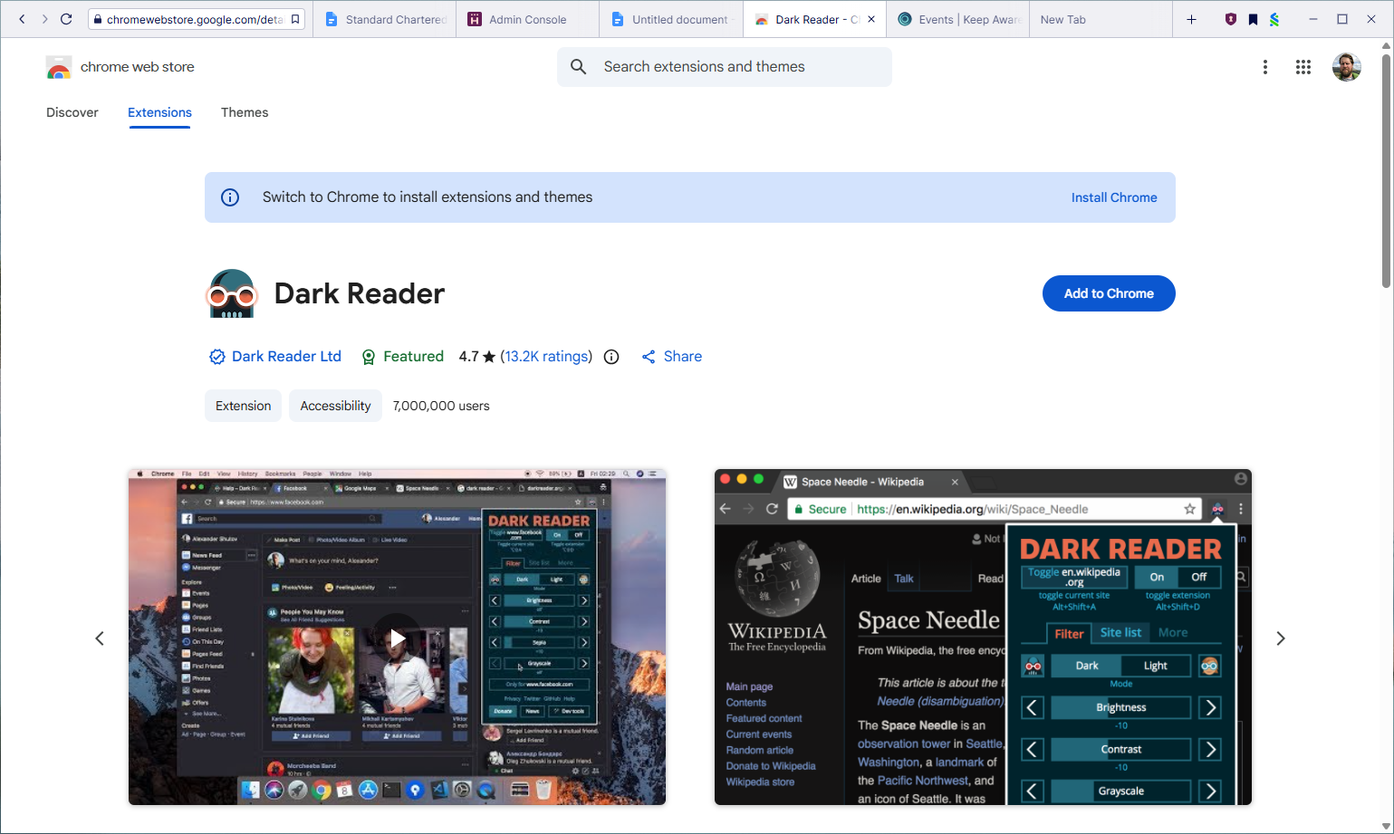 Dark Reader browser extension store listing