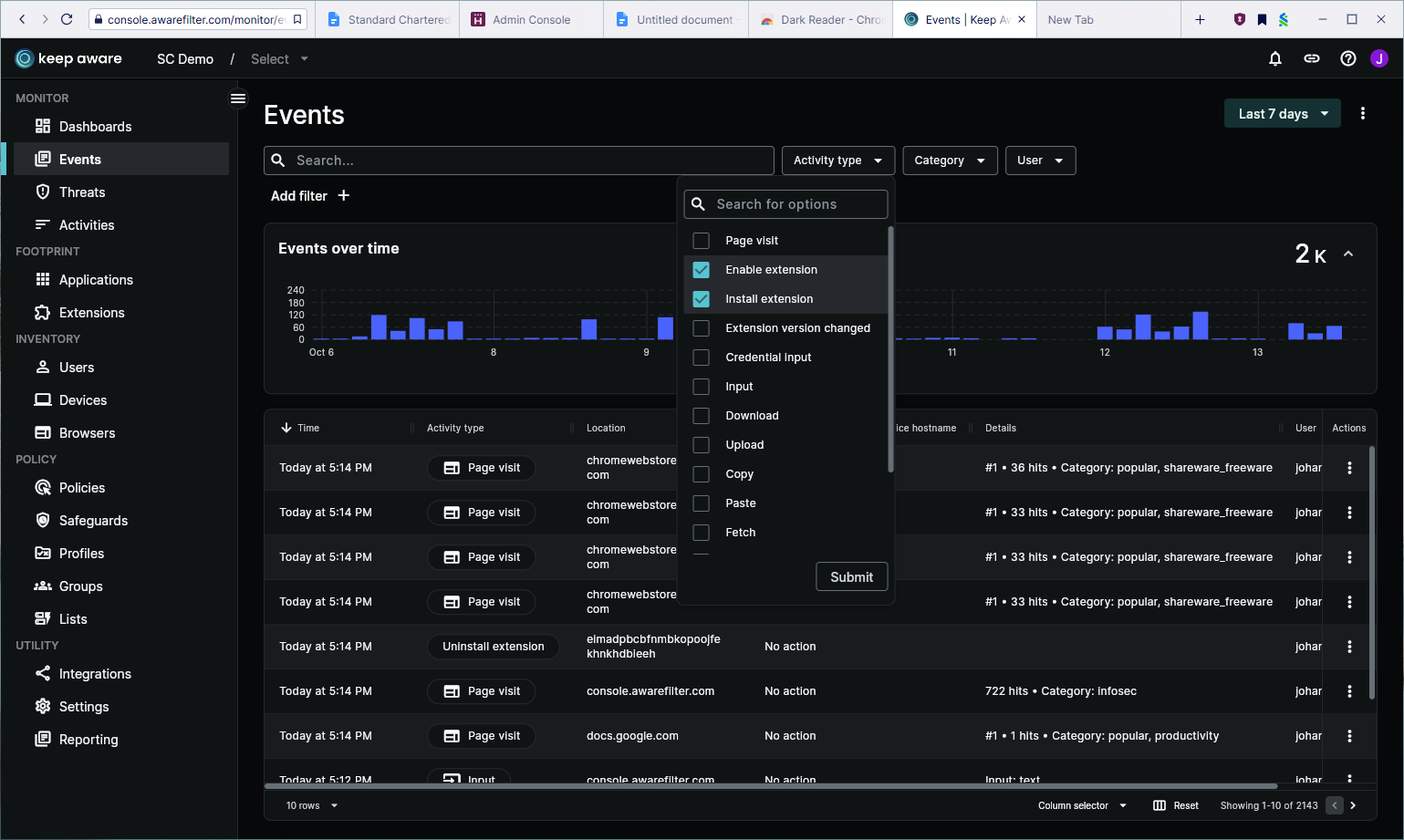 Keep Aware security events view