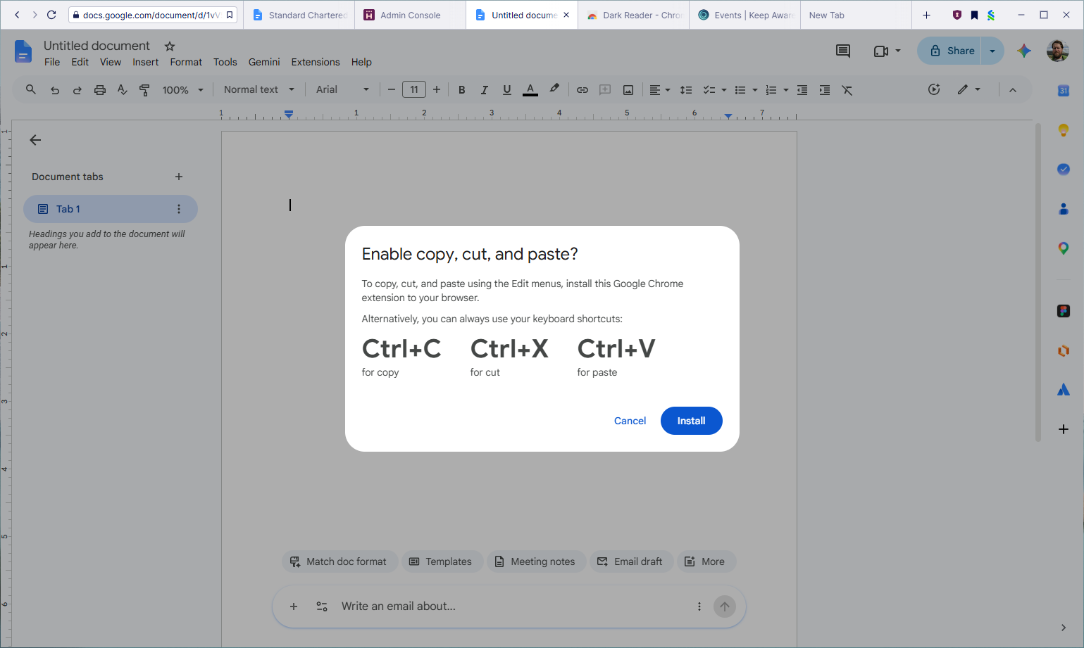 Google Docs extension access prompt